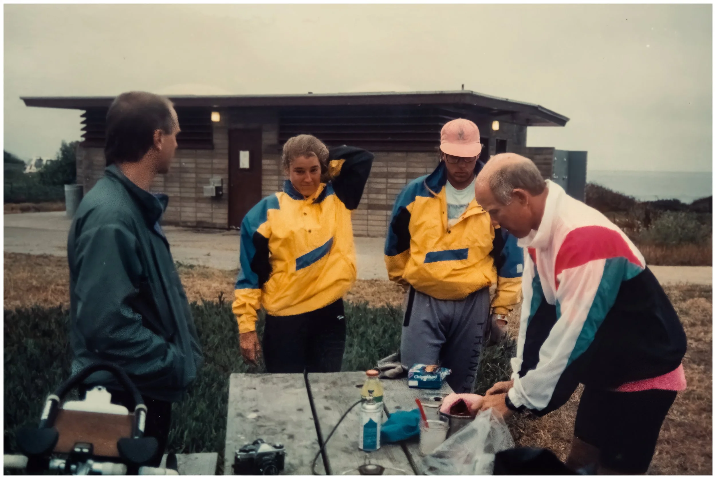 Doug and Don (far right) with the fashion victim Bobbsey twins.  Francis Beach Campground Hiker Biker Site, Half Moon Bay State Park. (click on image for geotag)