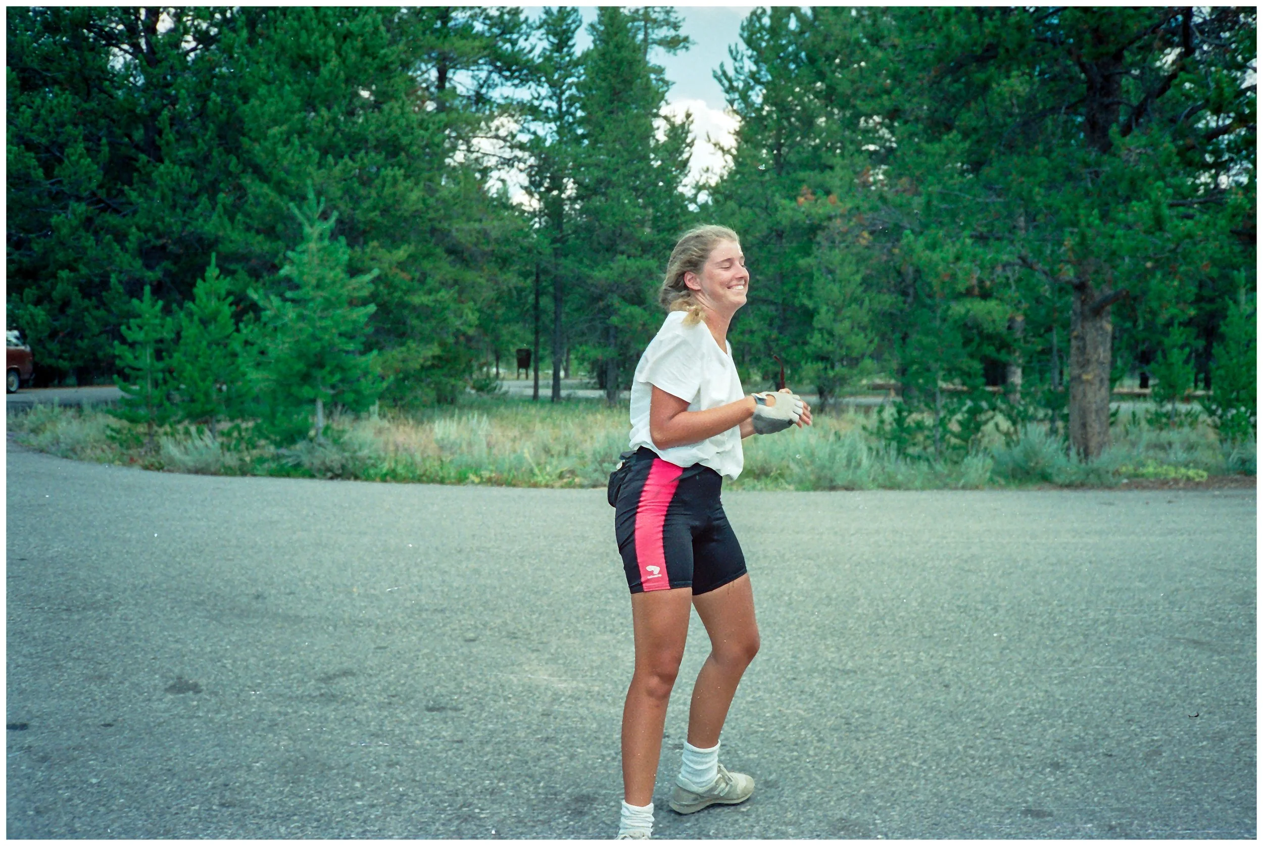 Christy, happy to arrive at Bonneville Campground and ready for a soak in the hot springs. Shot #1 from our surviving rolls of film.  (click image for geotag).