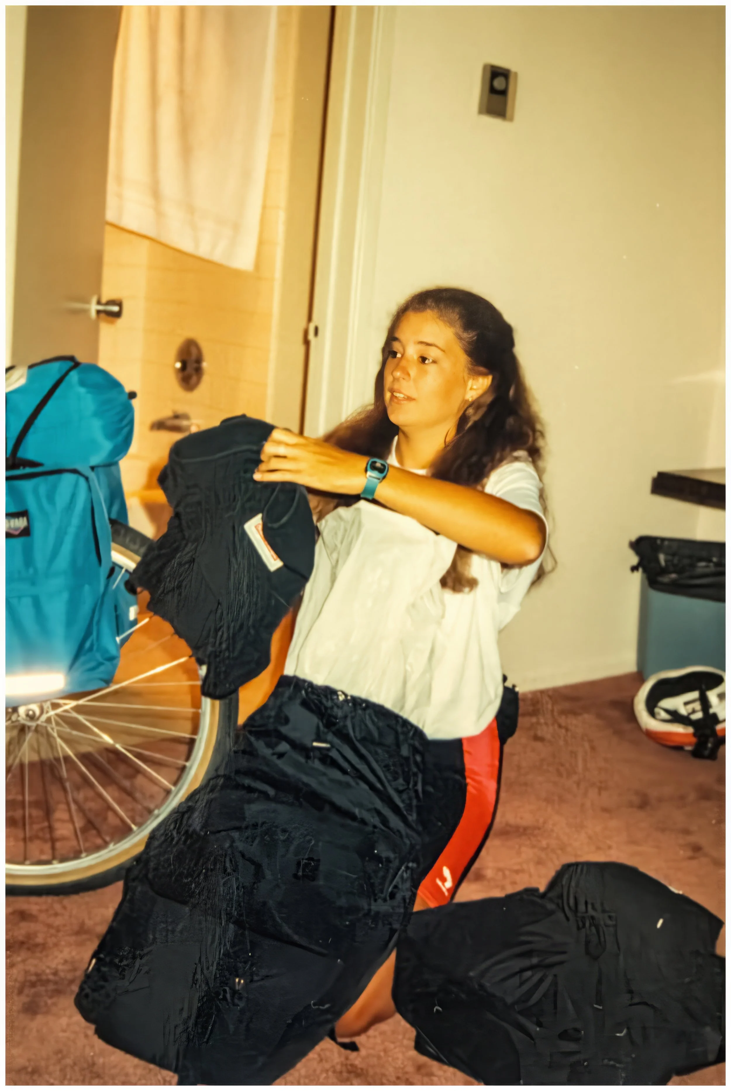7/8/90: Up early and nervous. Christy loads a few final items into her bags before we depart. (click photo for geotag)