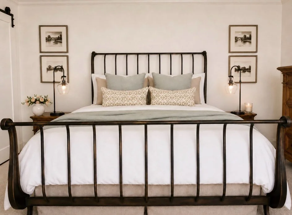 After ⇨ Before ✨ Bedroom Refresh

Such a difference a few thoughtful updates can make! We gave this bedroom a fresh new feel with new paint, layered bedding, updated artwork, and a few carefully chosen accessories.
The goal was to keep the room feeli