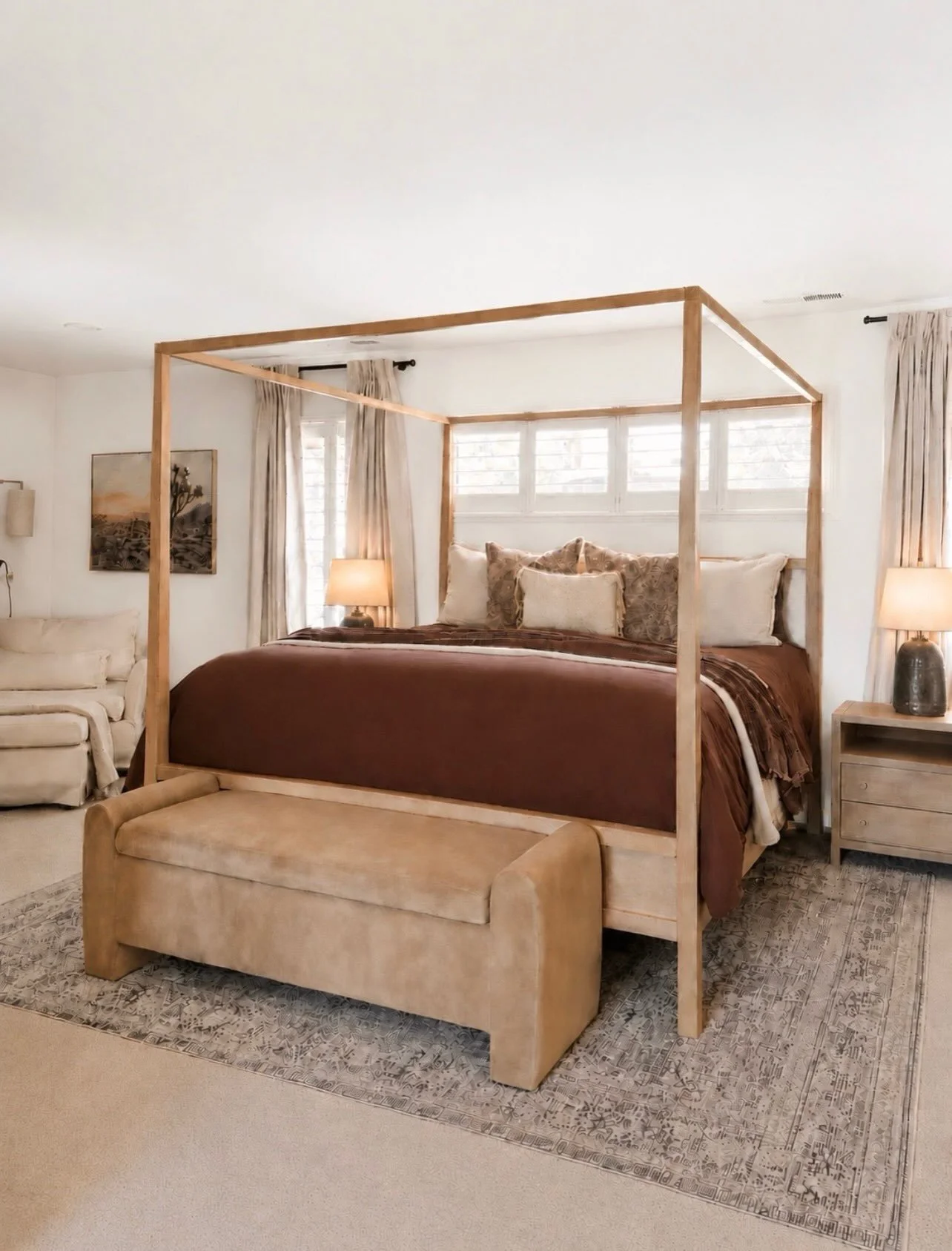 After ⇨ Before ✨ Primary Bedroom Refresh

A few thoughtful updates made such a difference in this space. We added a new sideboard, mirror and decor in the entry, refreshed the bedroom with new lamps, bedding and a bench, and added window coverings to