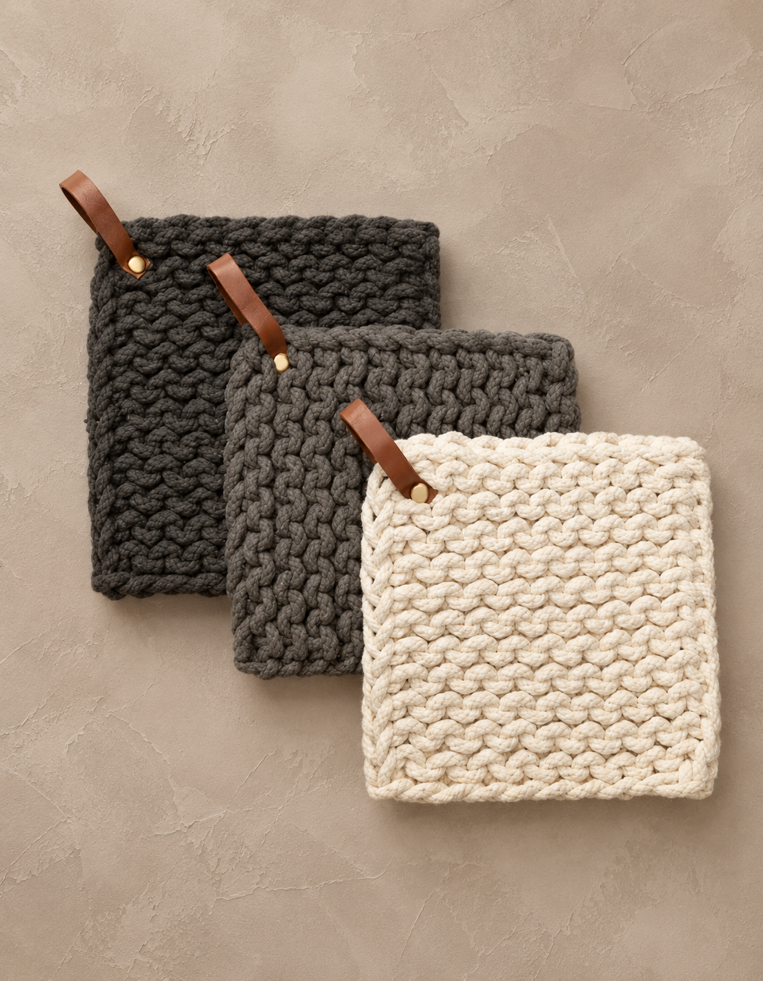 Crocheted Pot Holder with Leather Loop, 3 Colors