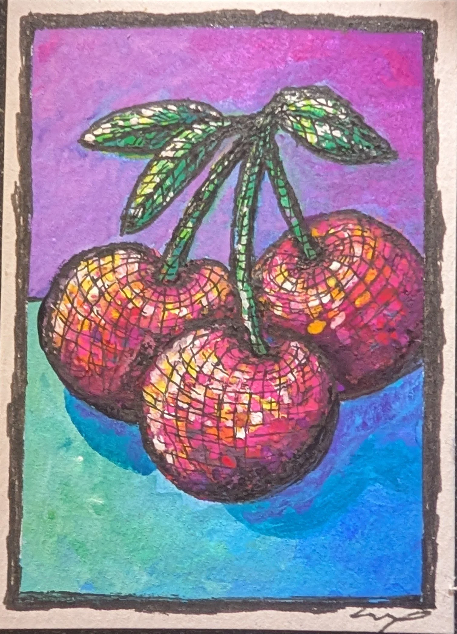 Click on Cherries to open youtube video of this piece being created!

Disco Cherries - gouache and ink on watercolor paper 2.5 in × 3.5 in
