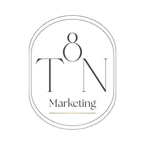 Logo with a black background, featuring the letters 'T', '8', and 'N' with the word 'Marketing' underneath, all enclosed in a rounded rectangle.