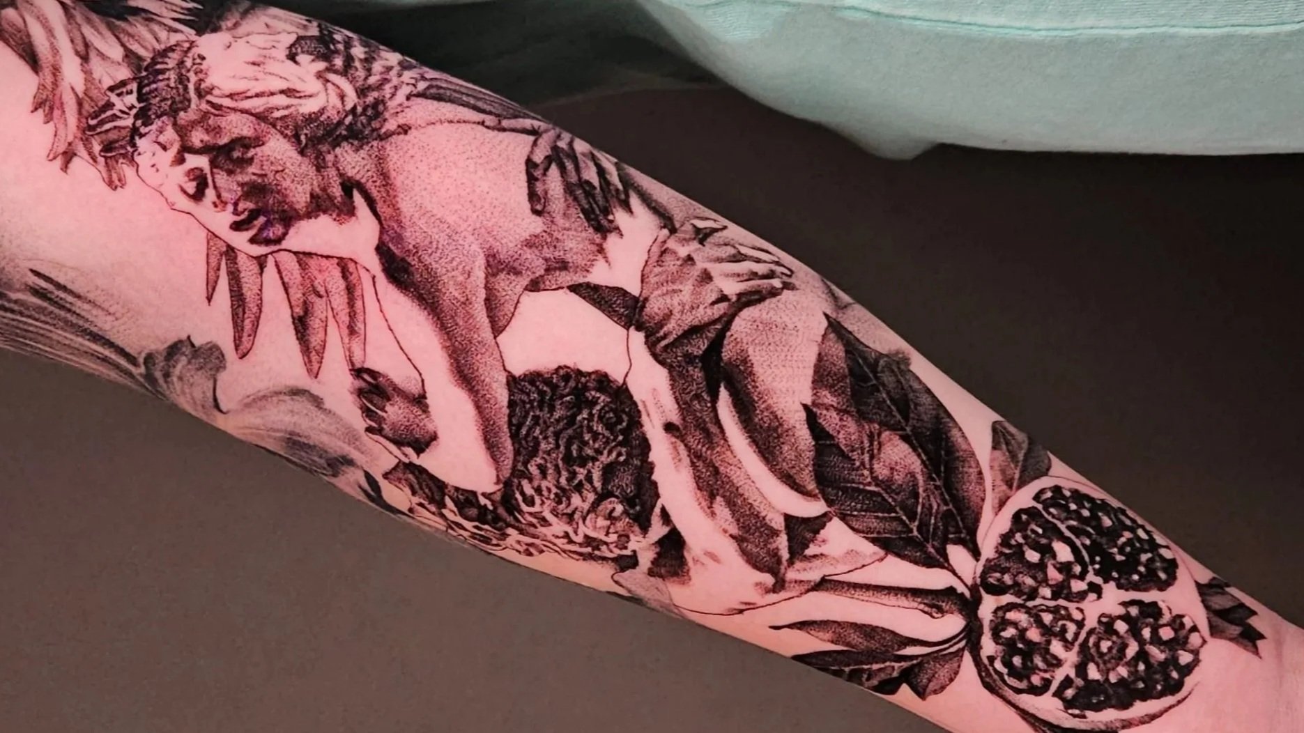 greek goddess persephone greek god hades statue greek mythology fruit pomegranate black and grey realism surrealism forearm tattoo sleeve large scale arm tattoo feminine for women and men masculine classical gothic moody  intentionally designed craft