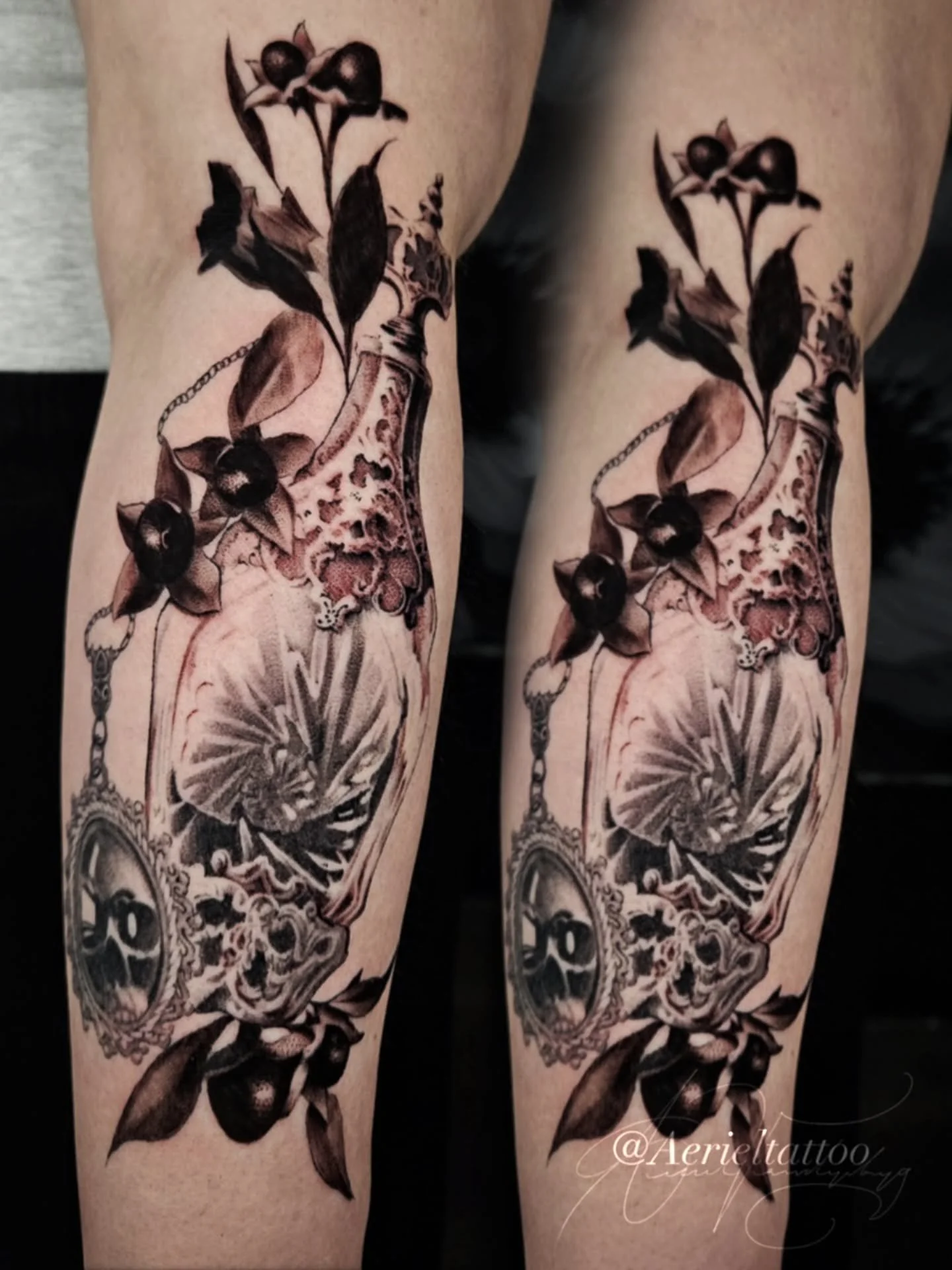 Belladonna poison bottle with a skull ornament 💀 men beware at dinner time 😏 
.
Dallas, TX
Book with link in bio
#dallastx #dallastattooartist #blackandgreytattoo #blackandgreyrealismtattoo