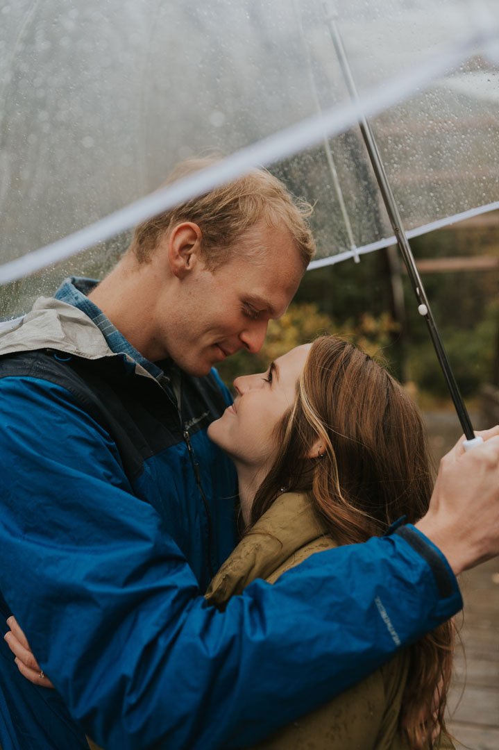couple smiling at each other under umbrella