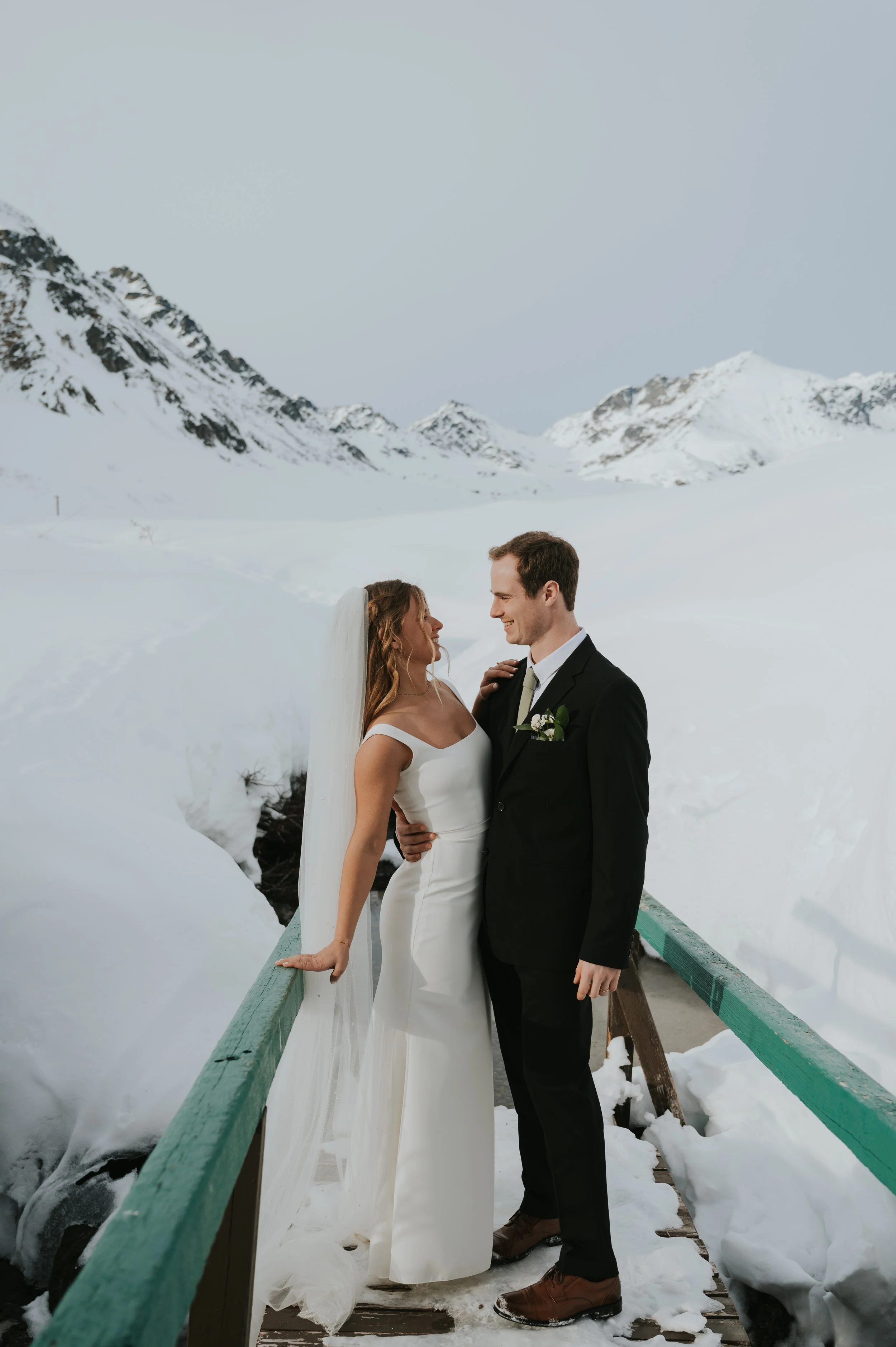 bride and groom in winter setting