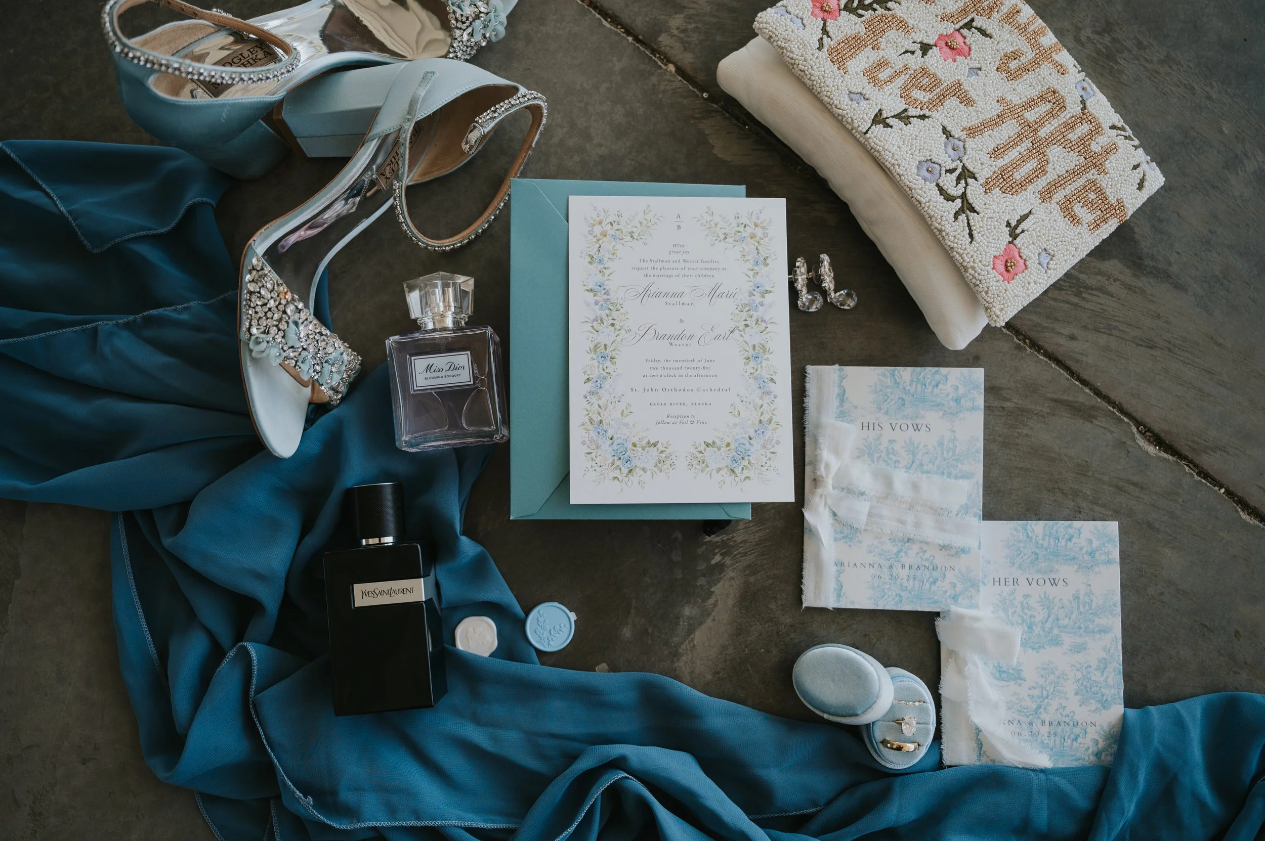 flatlay of wedding details