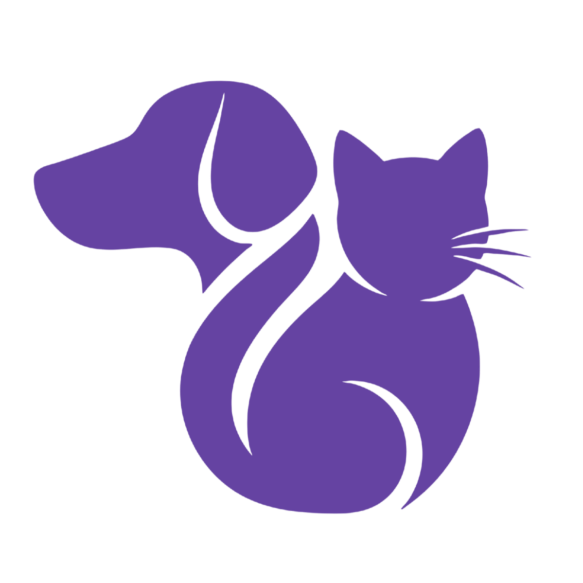 A stylized silhouette of a dog and a cat, both in purple, combining to form a single artistic logo.