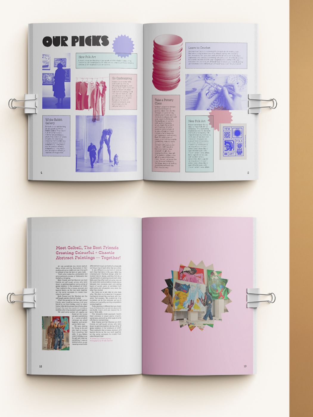 Open magazines with articles, photos, and colorful graphics about art, craft, and creative activities.