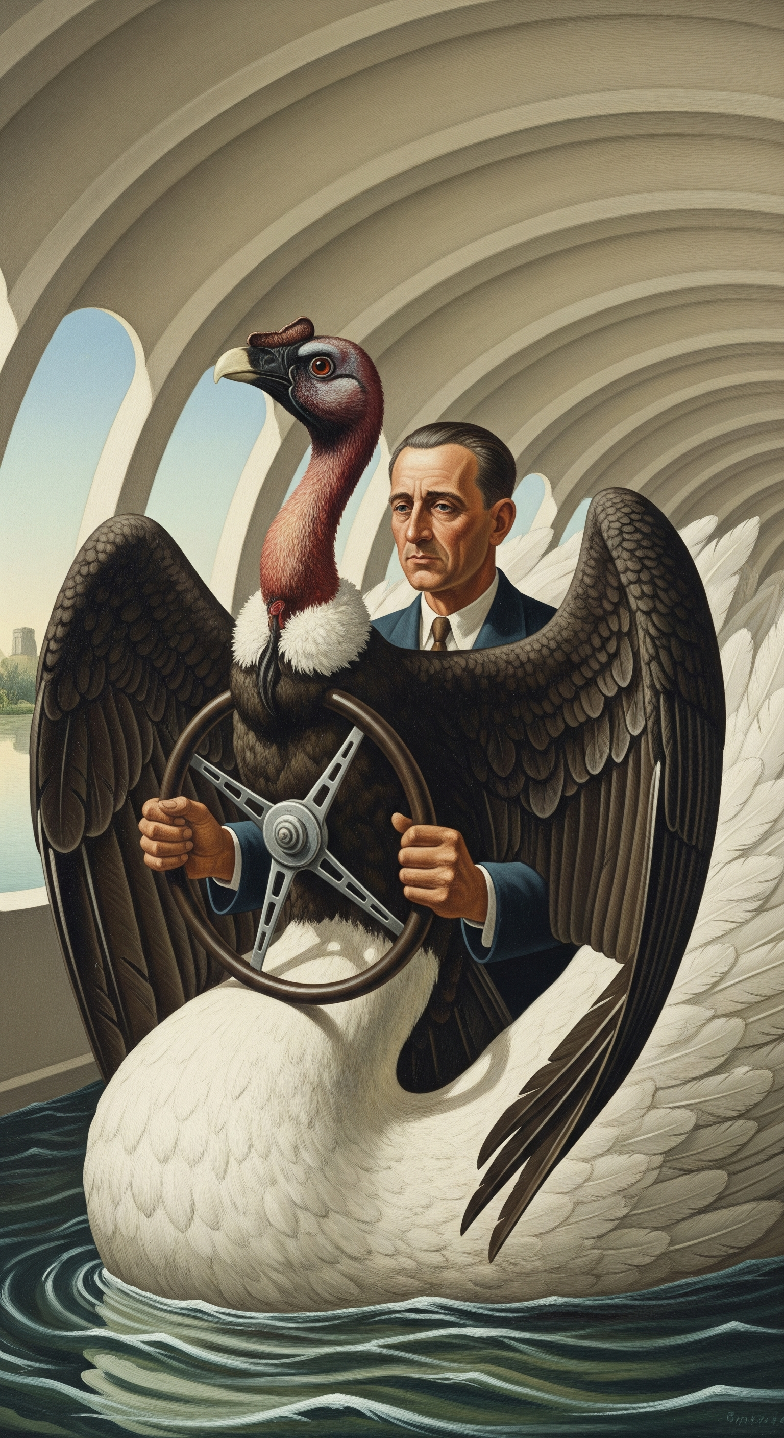 A surreal painting with a giant cooked chicken in the sky above a mountain resembling a volcano, a large black bomb-like object on the mountain's surface, and a small person standing on the ground looking up at the scene.
