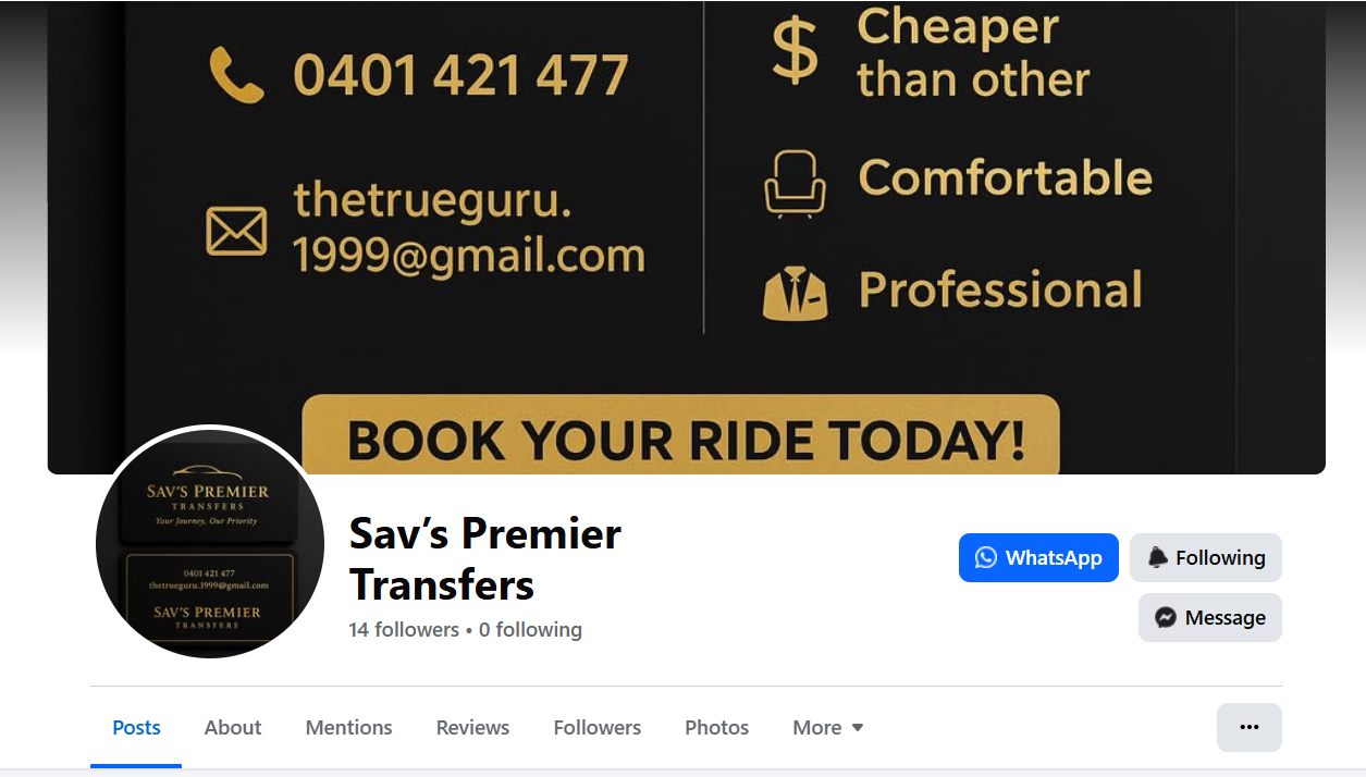The Facebook profile for Sav's Premier Transfers showing contact information, a logo, and promotional text about their taxi or transfer services, including a phone number, email, and booking call to action.