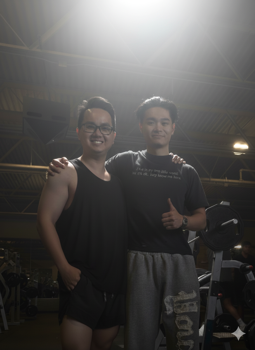 Two young men in a gym, smiling and posing together, with one giving a thumbs up.