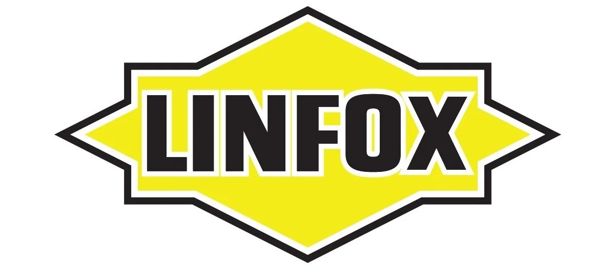 Logo for Linfox with yellow background and black text outlined in white and black borders.
