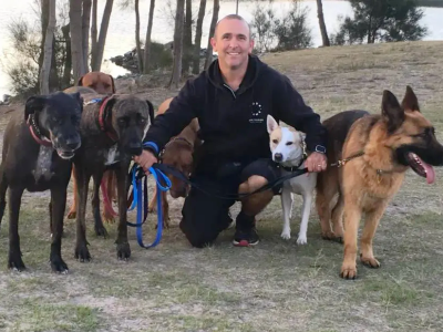 Man kneeling outdoors with five dogs on leashes, trees and water in the background.