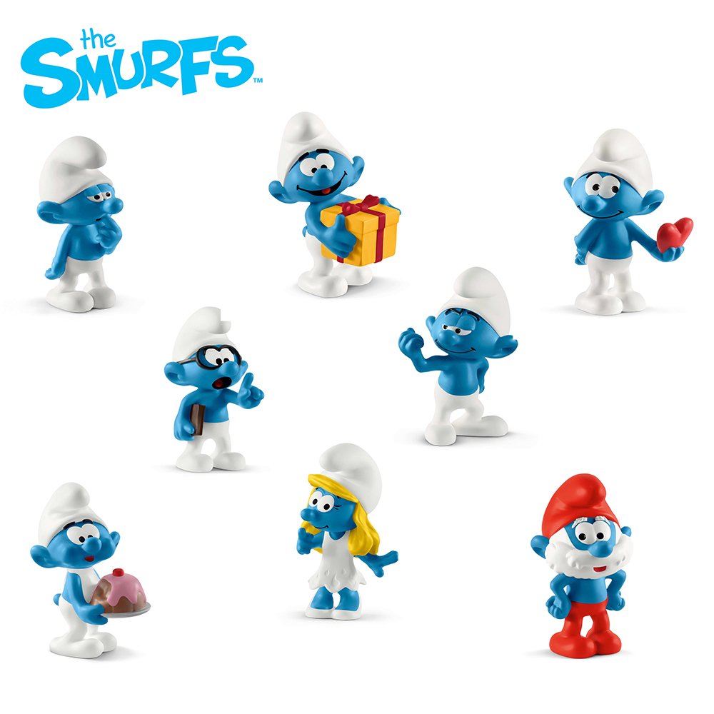 Collection of Smurfs figurines with different poses, including holding a gift, a heart, a cake, and a book, with some wearing glasses and a Gnome with a red hat and white beard.
