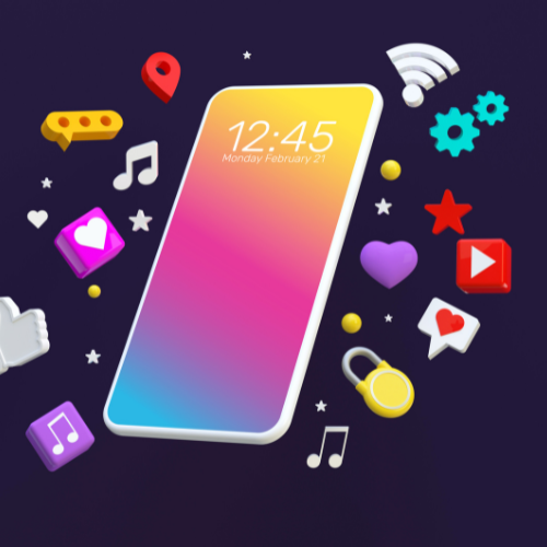 A smartphone with a colorful screen displaying the time 12:45 and date February 21 surrounded by various app icons like music, video, heart, Wi-Fi, and settings on a dark background.
