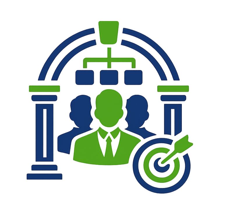 A stylized illustration of a professional person in a suit with a target symbol, connected to a network of icons representing communication and goals, symbolizing business planning and strategy.