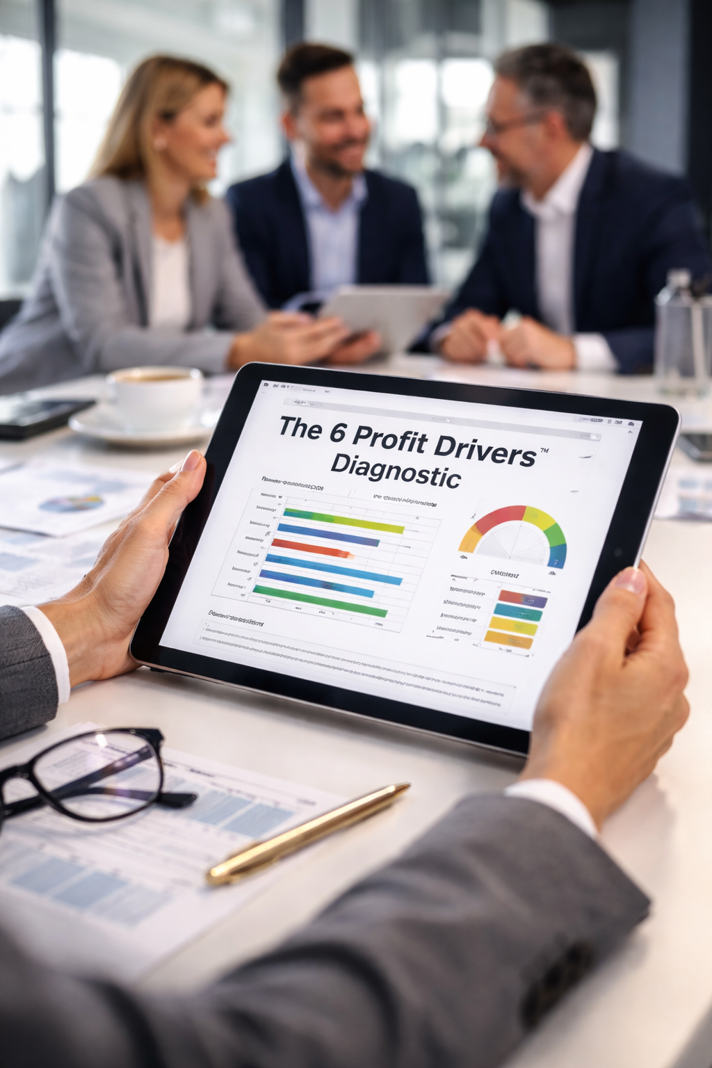 Person holding a tablet displaying a business report titled 'The 6 Profit Drivers Diagnostic' with charts, in a meeting room with three people in the background.