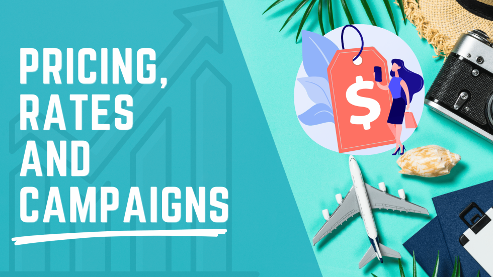 Graphic design with text "Pricing, Rates, and Campaigns", an illustration of a woman with shopping bags next to a large price tag with a dollar sign, and travel items including a toy airplane, camera, and shell on a teal background.