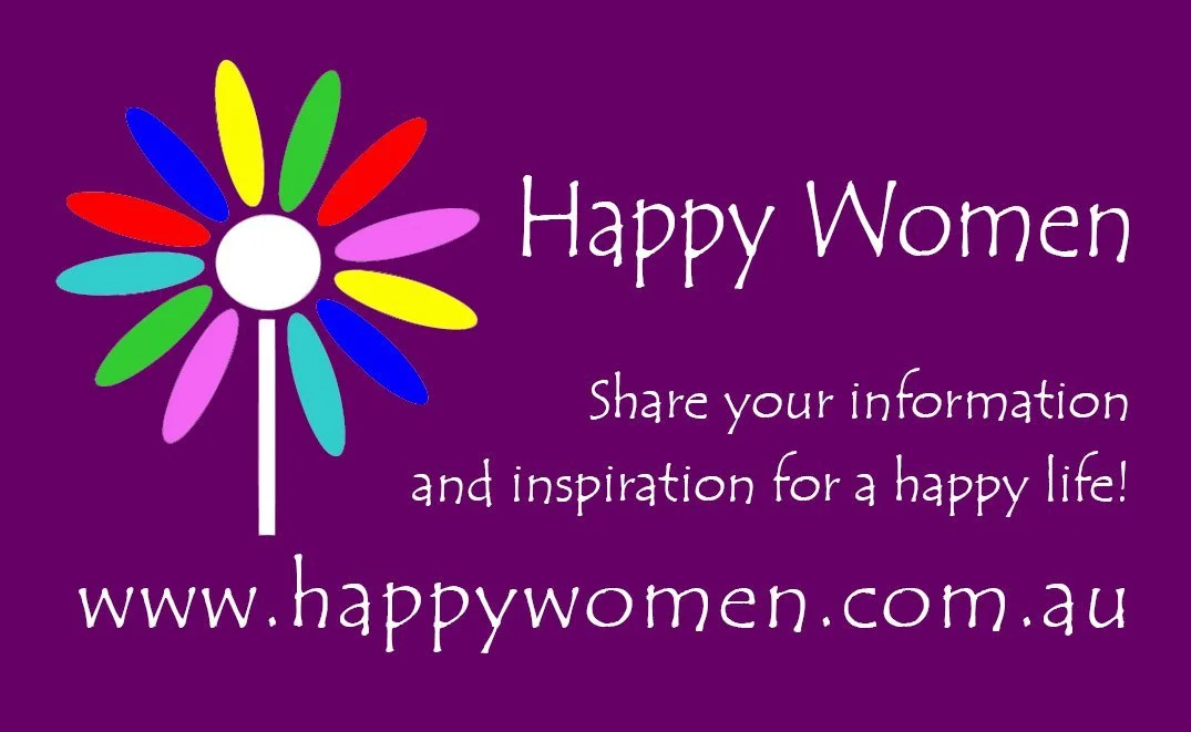 Colorful floral design with a purple background and white text promoting women sharing information and inspiration for a happy life, and a website link www.happywomen.com.au.