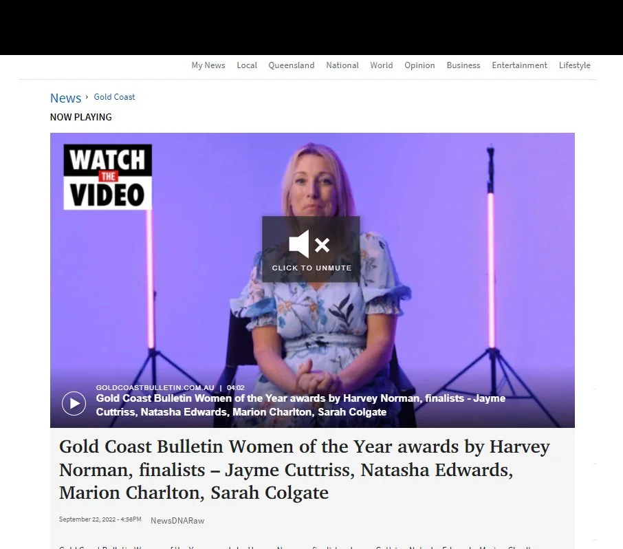Screenshot of a news webpage featuring a video of a woman sitting in front of purple lighting. The page headline announces the Gold Coast Bulletin Women of the Year awards by Harvey Norman, with finalists Jayme Cuttriss, Natasha Edwards, Marion Charl