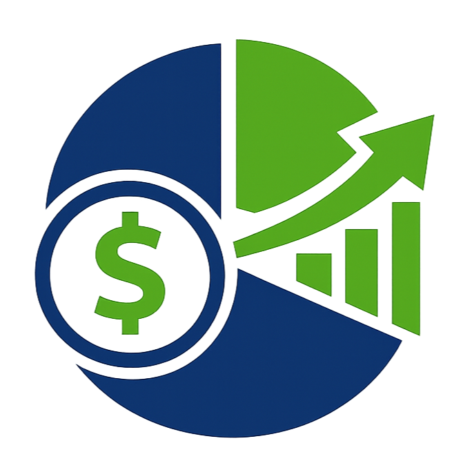 A pie chart with a dollar sign in the center, green and blue sections, and an upward green arrow indicating growth.
