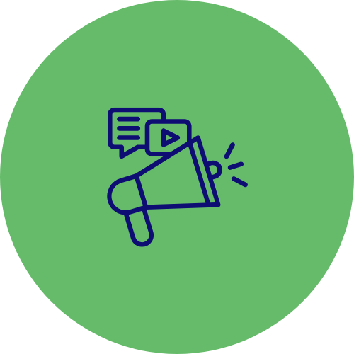 Icon of a megaphone with a speech bubble and a play button, indicating announcement or promotion, on a green circular background.
