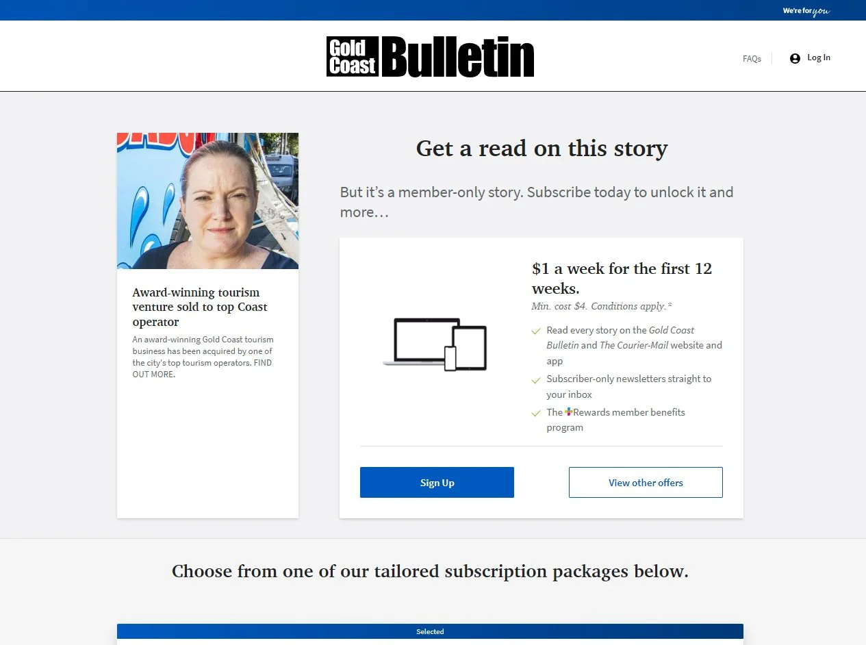 Screenshot of the Gold Coast Bulletin subscription offer page featuring a woman’s photo, subscription details, and options to sign up or view offers.