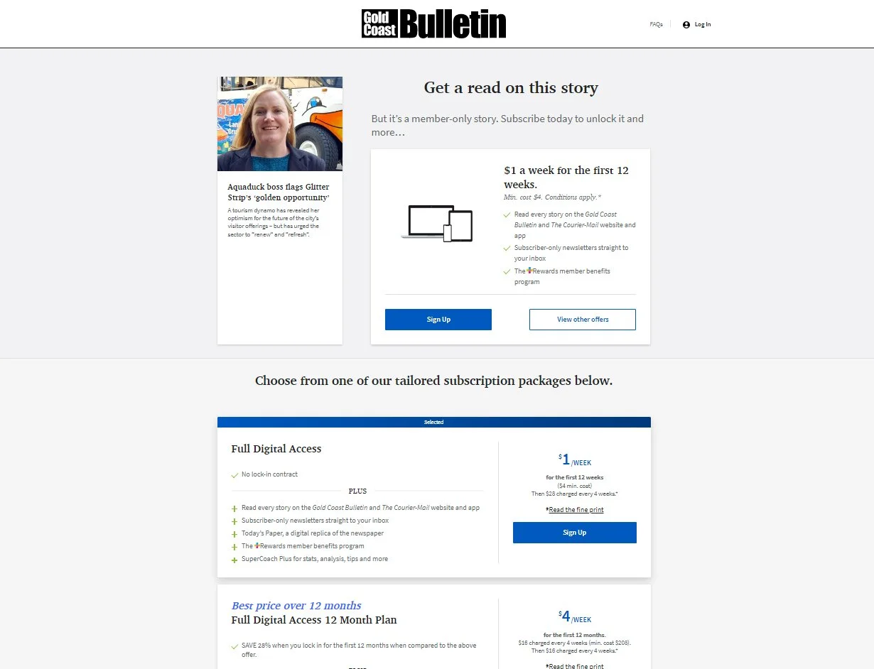 Screenshot of a subscription offer from the Gold Coast Bulletin website, featuring a profile photo of a woman in front of a bus, promotional text about a discounted weekly digital access subscription, and options to sign up for different plans with p