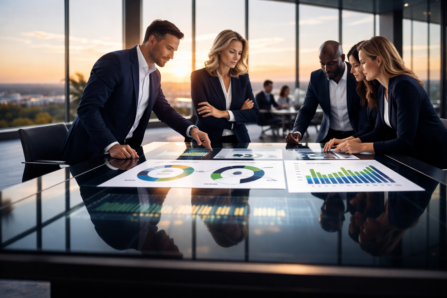 Businessmeeting with five professionals in a conference room during sunset, analyzing charts and graphs on documents across a glass table.