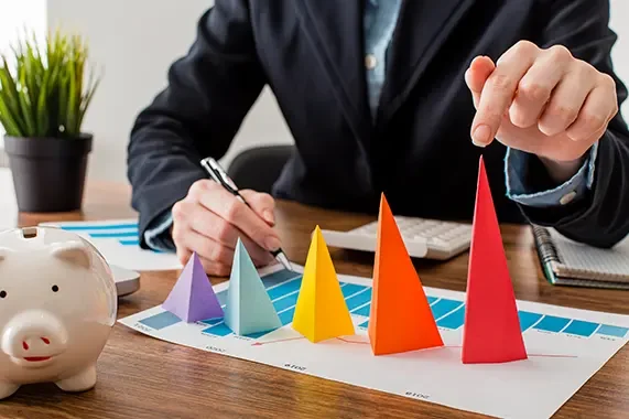 Person planning with color-coded paper cones on a table, using a pen and clipboard, with a piggy bank and potted plant in the background.