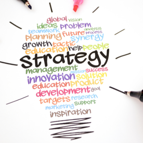 Colorful word cloud with strategy in the center, surrounded by related business and planning terms.