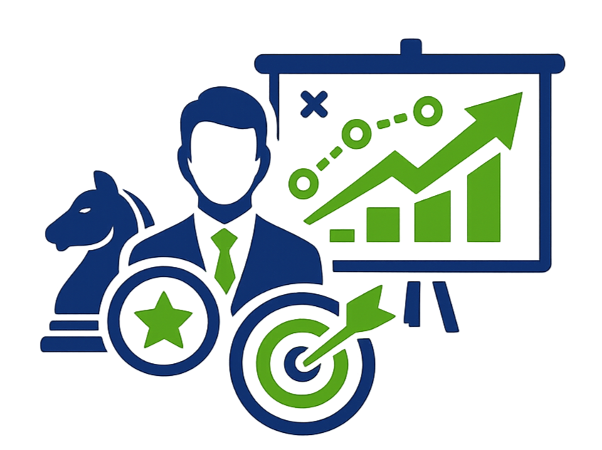 Illustration of a businessman with a chart showing upward growth, a horse figure, a star badge, and a target with an arrow.