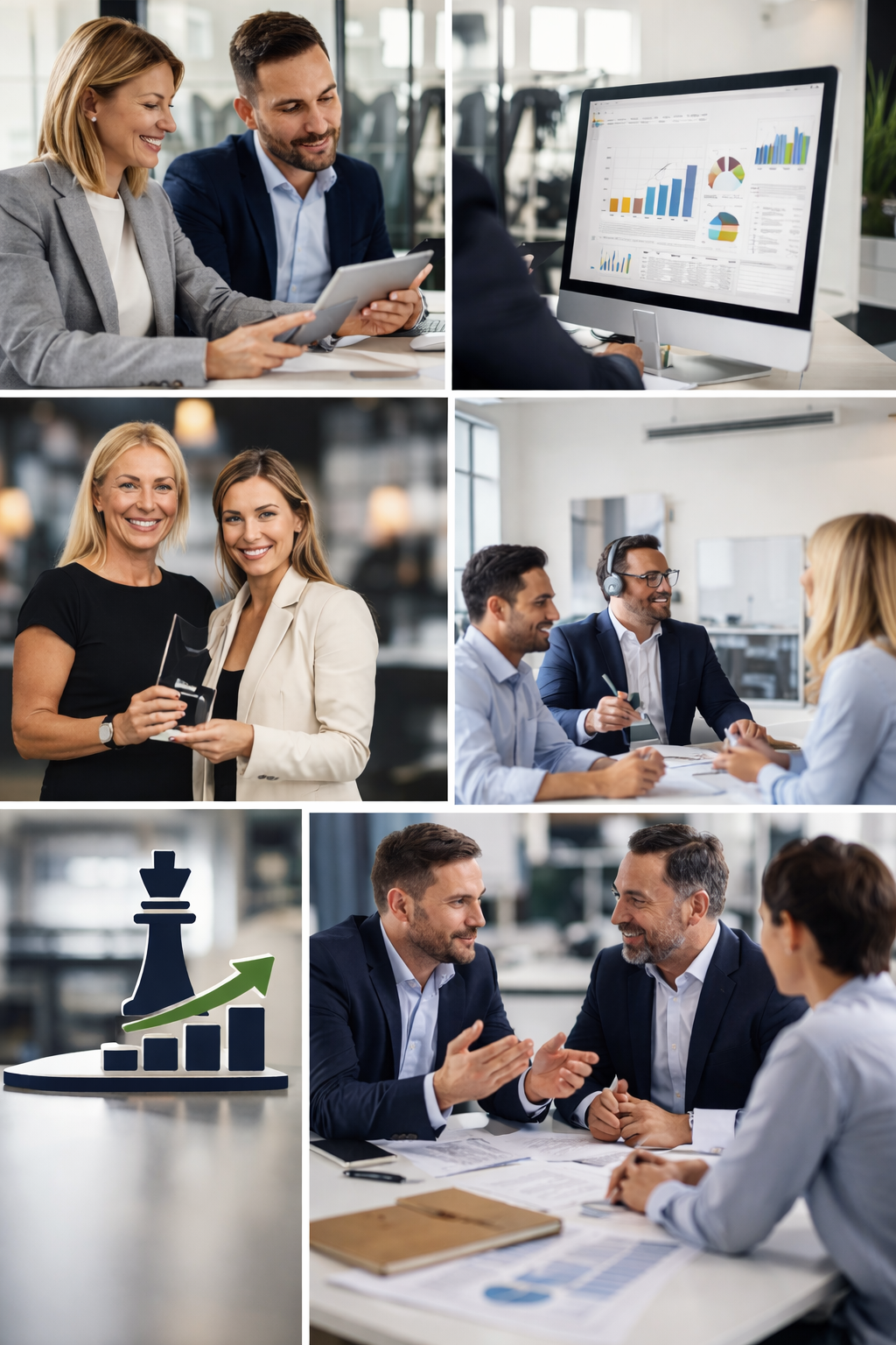Business professionals engaging in meetings, using charts, tablets, and computers in a modern office environment.
