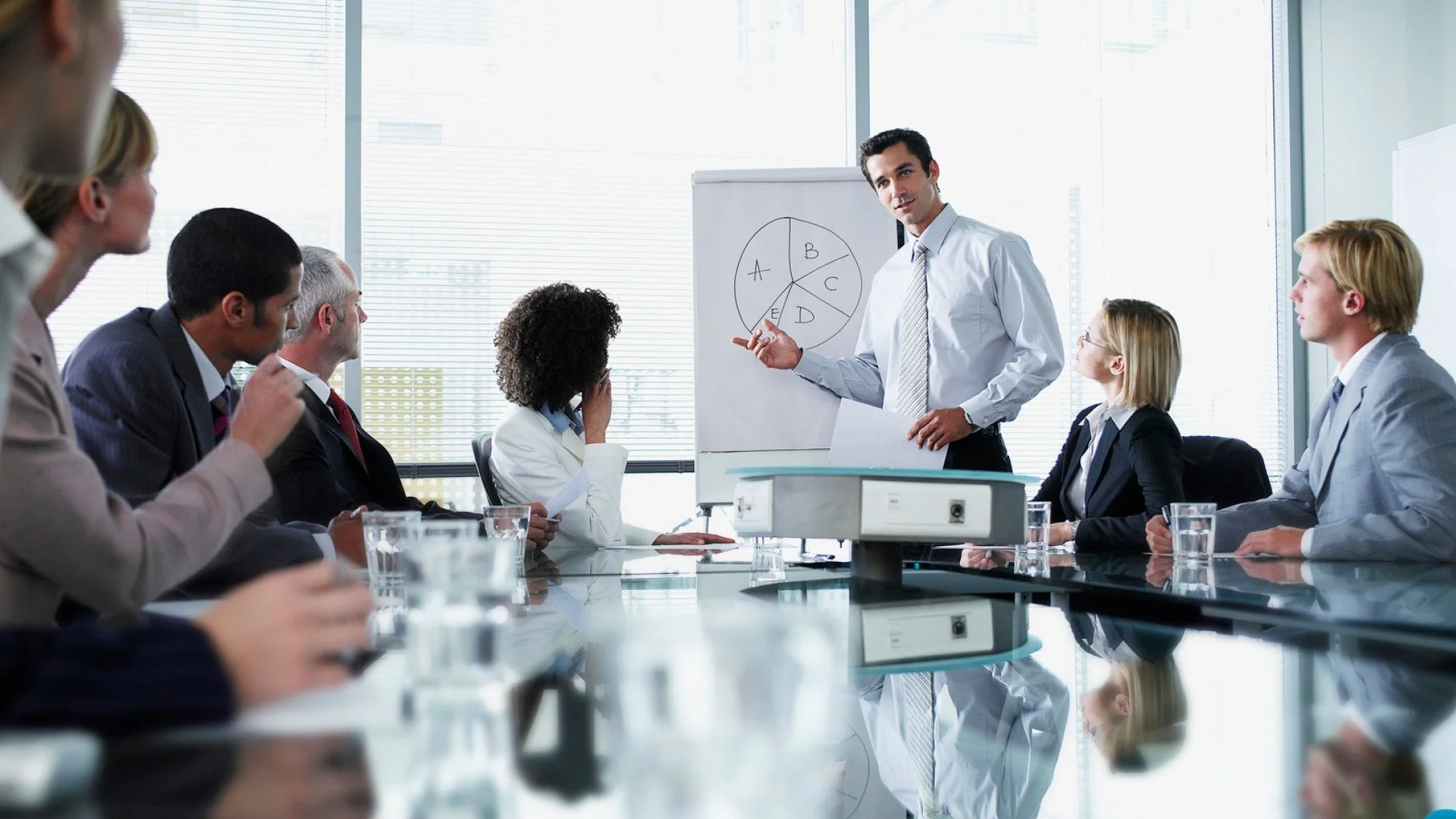 A group of business professionals in a meeting room with a large window, listening to a presenter pointing at a pie chart on a whiteboard.