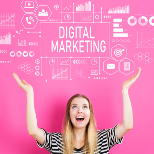 A young woman with blonde hair reaching up towards digital marketing icons and graphs on a pink background, with the text 'Digital Marketing' in the center.