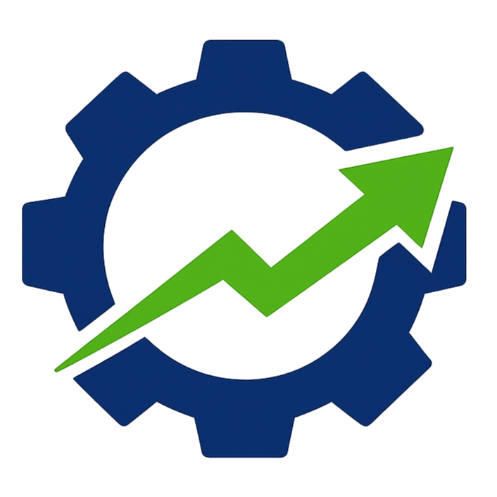 Green upward trending arrow, encircled by a blue gear, representing growth or process improvement.