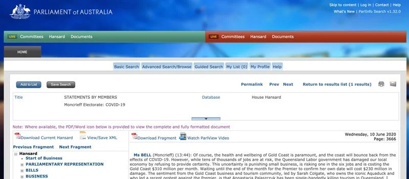 Screenshot of the Australian Parliament website showing a list of statements by members, including Moncrief's electorate COVID-19 update, with options to download documents and watch videos, dated June 10, 2020.
