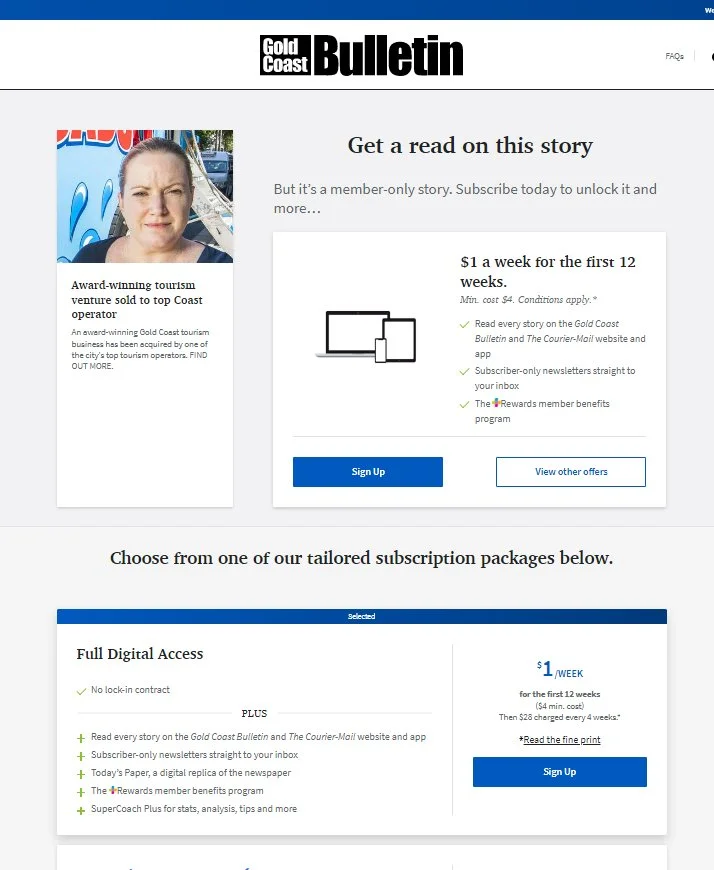 Gold Coast Bulletin subscription page featuring a woman taking a selfie, promotional offer of $1 weekly for 12 weeks, and subscription packages.