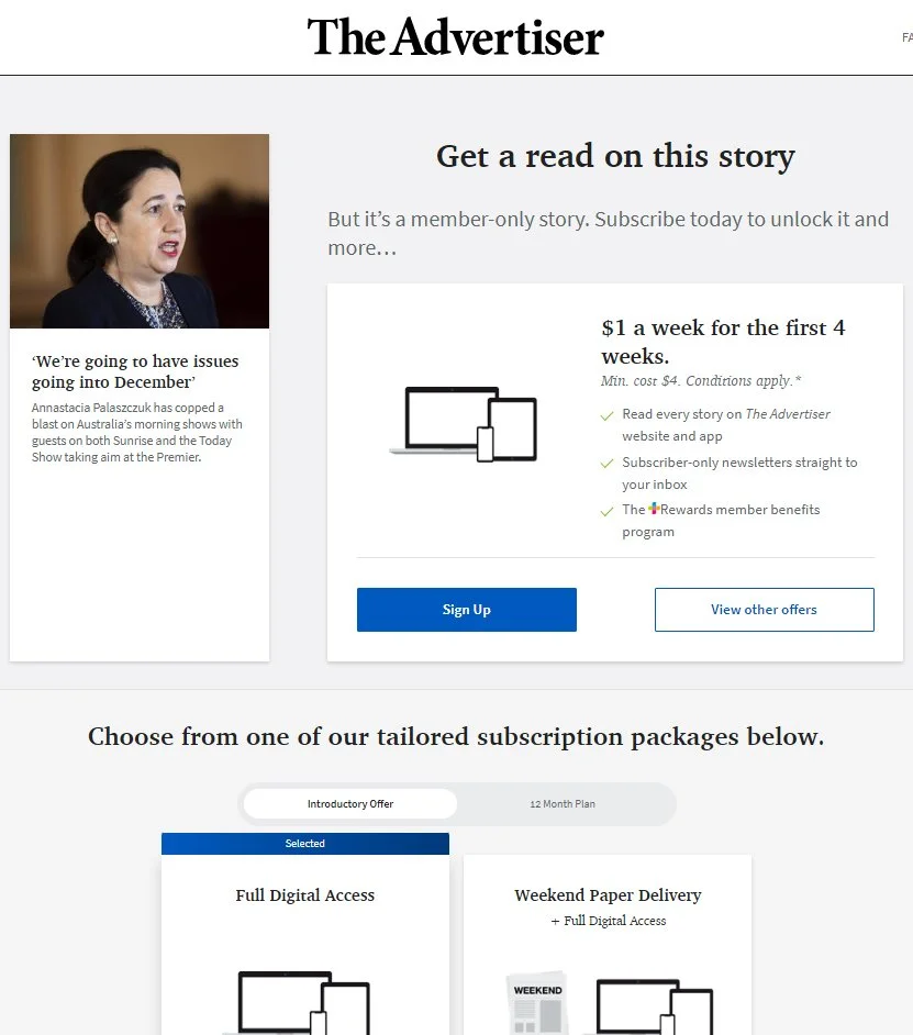 Subscription offer page for The Advertiser newspaper, featuring a woman on the left, details about a special price promotion, and subscription plan options below.
