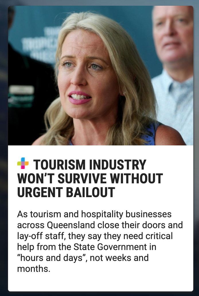A woman with blonde hair and blue eyes speaking, with a man in the background, at a news or press event about tourism industry bailout.