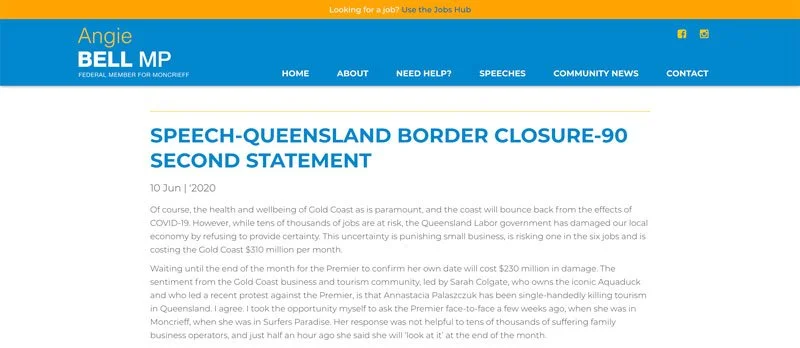 Screenshot of a webpage with a blue header and white background. It features a political candidate named Angie Bell, MP, with navigation options for Home, About, Need Help?, Speeches, Community News, and Contact. The main content is a press statement