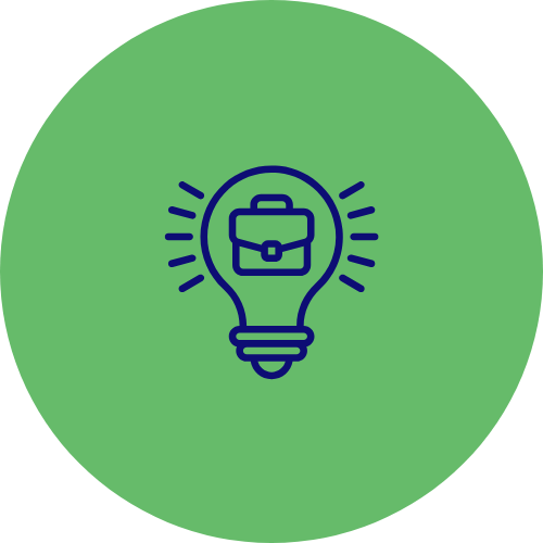 Lightbulb icon with a briefcase inside, surrounded by lines, on a green circular background.