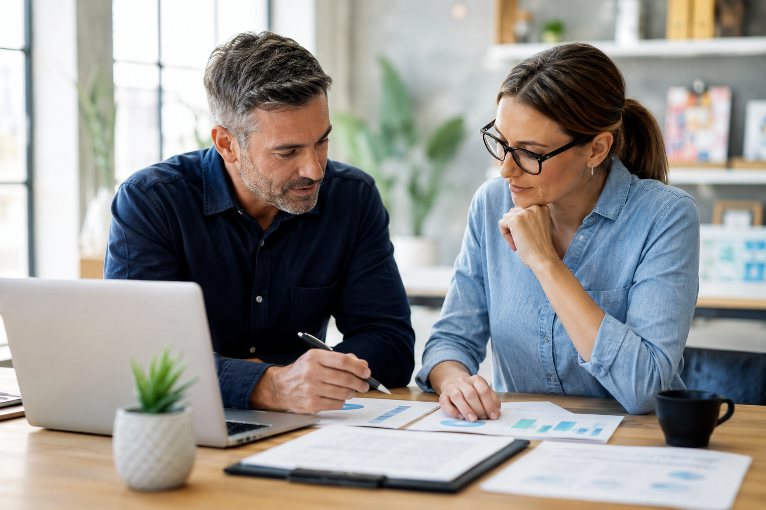 Small business owner reviewing financial performance and profit margins