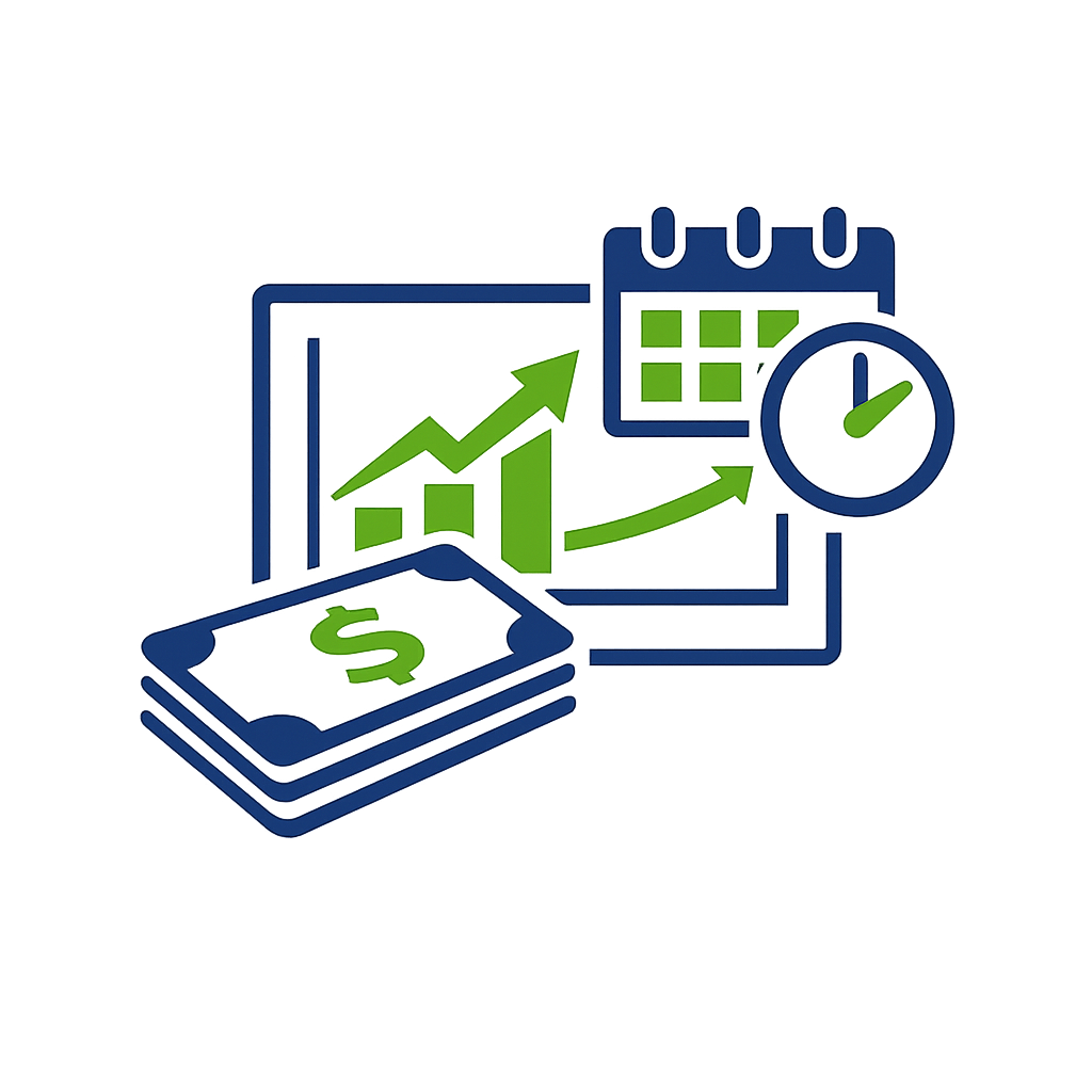 Digital illustration of financial growth, including a smartphone with a dollar sign, a rising graph, a calendar, and a clock.