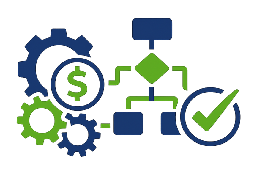 Illustration of gears, a dollar sign, an upward arrow, a checkmark, and flowchart symbols representing financial growth, process, and automation.
