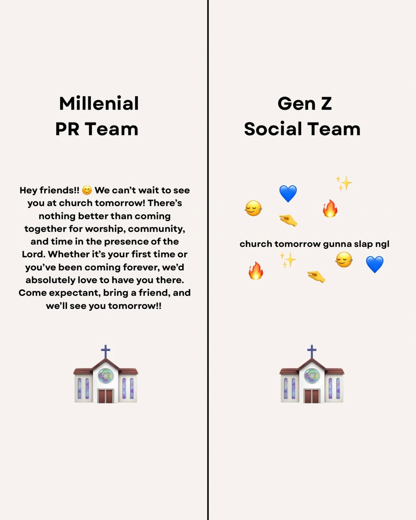 Who did it better? 👀 either way, we can&rsquo;t wait to see you soon! 
Service times: 8:45, 10:30, 12:15