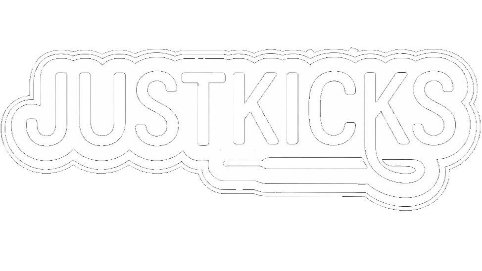 Black and white logo with the word 'JUSTKICKS' in bold, stylized text with a small underline beneath the 'K' and a curved line extending from the end of the underline.